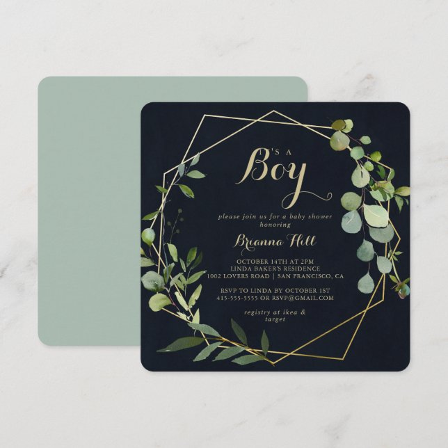 Invitación Geometric Gold Blue Green Es un niño Baby Shower (Anverso / Reverso)