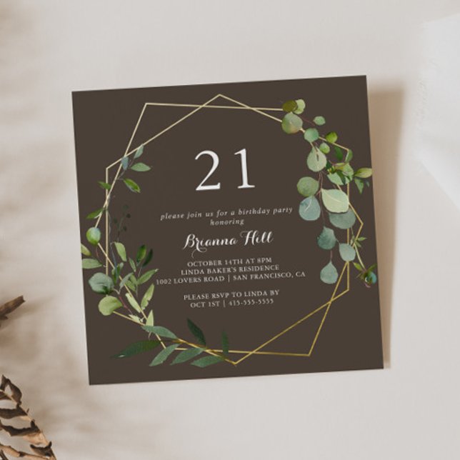Invitación Geometric Gold Brown Green 21st Birthday Fiesta (Subido por el creador)