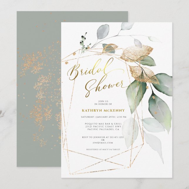 Invitación Geometric Gold Eucalyptus Greenery Bridal Shower I (Anverso / Reverso)