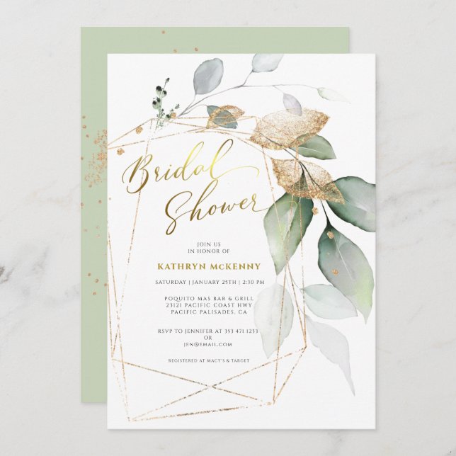 Invitación Geometric Gold Eucalyptus Greenery Bridal Shower I (Anverso / Reverso)
