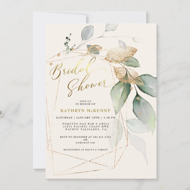 Invitación Geometric Gold Eucalyptus Greenery Bridal Shower I (Anverso)