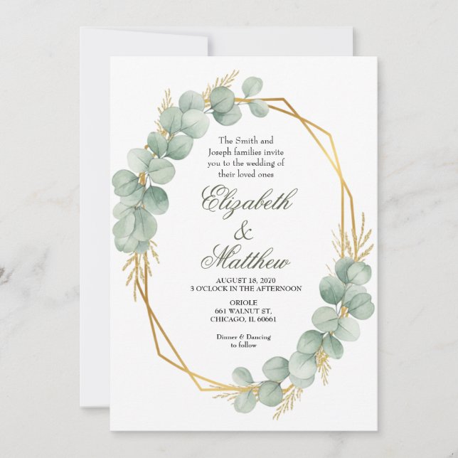 Invitación Geometric Gold Eucalyptus Wreath Wedding  (Anverso)