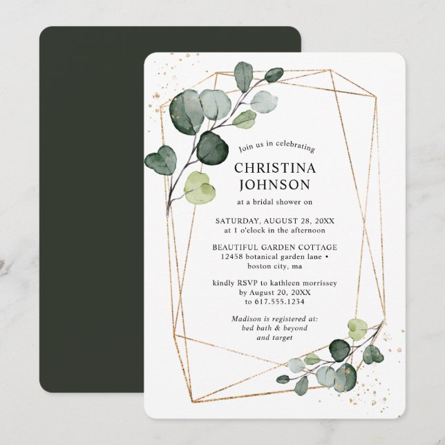 Invitación Geometric Gold Frame Eucalyptus Despedida de Solte (Anverso / Reverso)