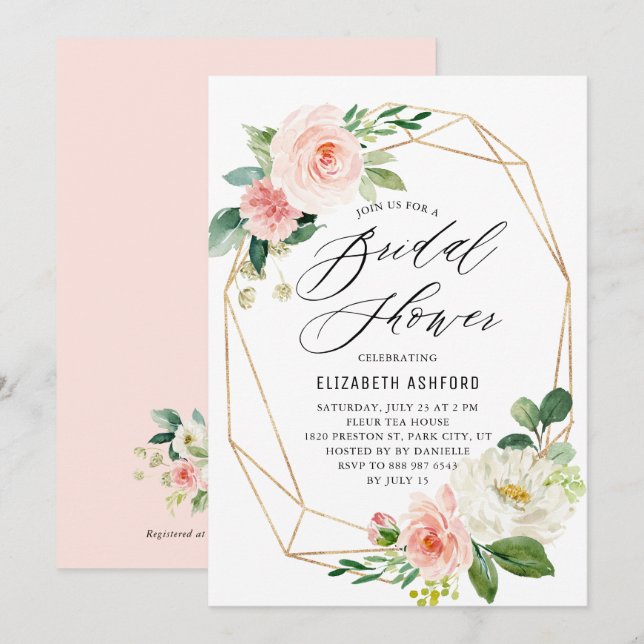 Invitación Geometric Gold Frame Pink Florines Bridal Shower (Anverso / Reverso)