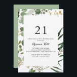Invitación Geometric Gold Green Foliage 21st Birthday Fiesta<br><div class="desc">Esta invitación geométrica a la fiesta de cumpleaños 21 del follaje verde oro es perfecta para un evento rústico. El diseño presenta una hermosa acuarela pintada a mano,  dorado tropical y hojas verdes,  adornando marcos geométricos.</div>