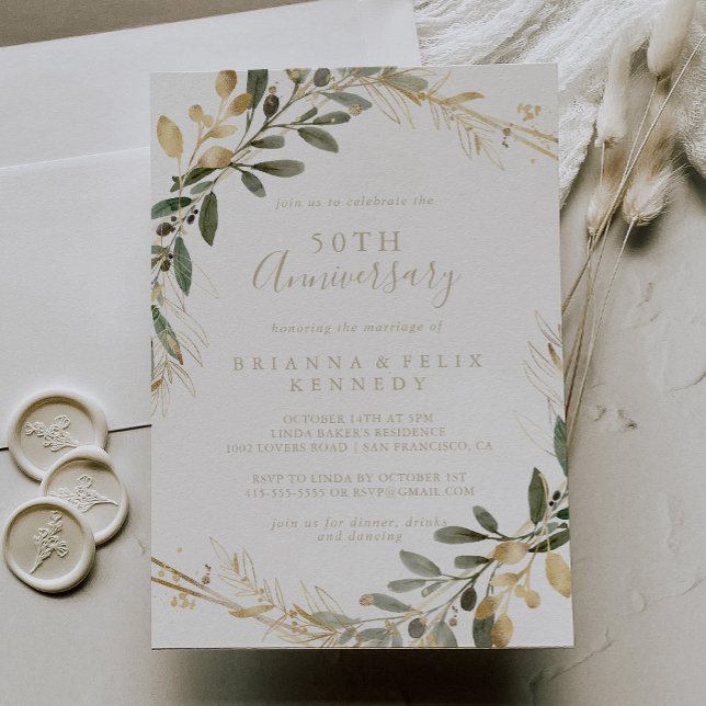 Invitación Geometric Gold Greenery 50 Aniversario de Bodas  (Subido por el creador)