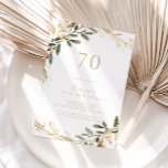 Invitación Geometric Gold Greenery Fall 70th Cumpleaños Party<br><div class="desc">Esta invitación geométrica a la fiesta de cumpleaños número 70 es perfecta para una fiesta de cumpleaños moderna. El diseño presenta un bonito marco geométrico dorado con elegantes hojas verdes.</div>