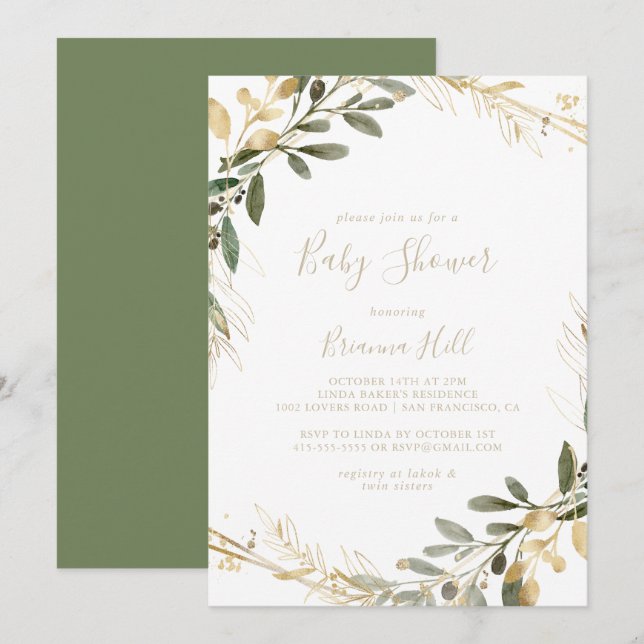 Invitación Geometric Gold Greenery Fall Baby Shower (Anverso / Reverso)