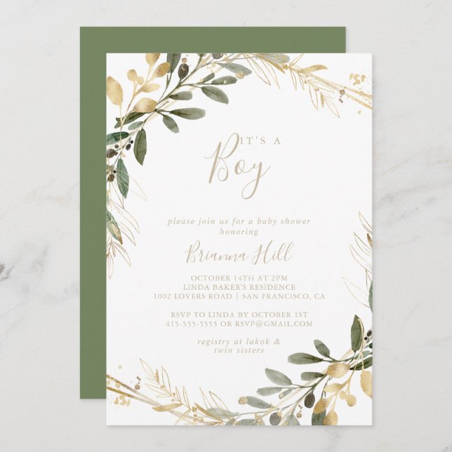 Invitación Geometric Gold Greenery It's A Boy Baby Shower (Anverso / Reverso)