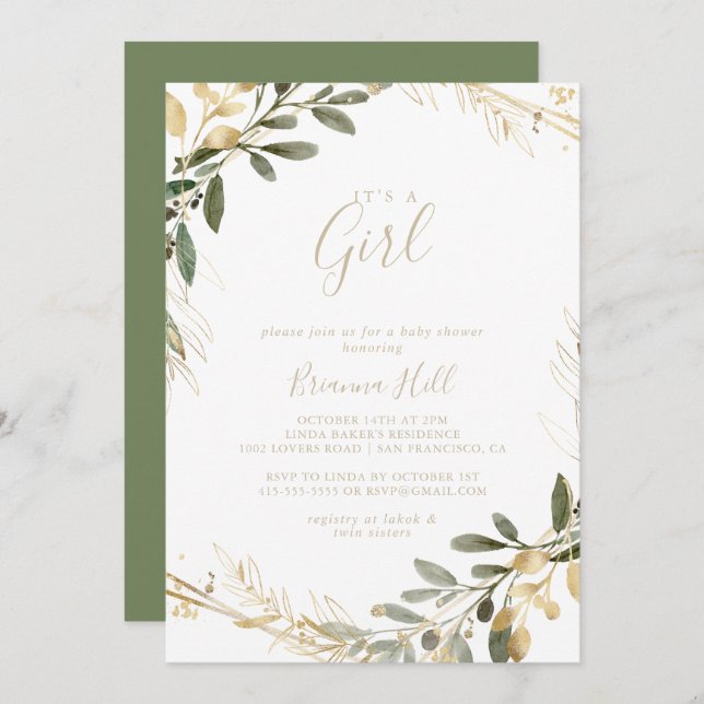 Invitación Geometric Gold Greenery It's A Chica Baby Shower (Anverso / Reverso)