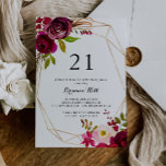 Invitación Geometric Gold Rustic Rubor 21st Birthday Fiesta<br><div class="desc">Esta geométrica invitación a la fiesta de cumpleaños 21,  rústica y ruidosa,  es perfecta para una celebración de cumpleaños moderna. El diseño está decorado con flores color rosa,  rubí,  rojo,  borgoña y a bordo de las flores color agua con follaje verde,  adornando un marco geométrico dorado.</div>