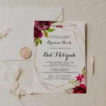 Invitación Geometric Gold Rustic Rubor Burgundy Bat Mitzvah<br><div class="desc">Esta invitación geométrica al mitzvah de murciélago burdeos ruidoso y ruidoso es perfecta para una simple mitzvah de murciélago. El diseño está decorado con flores color rosa,  rubí,  rojo,  borgoña y a bordo de las flores color agua con follaje verde,  adornando un marco geométrico dorado.</div>