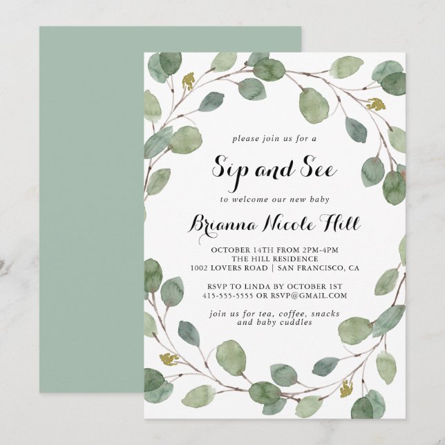 Invitación Geometric Greeneration Eucalyptus Foliage Sip y Se (Anverso / Reverso)
