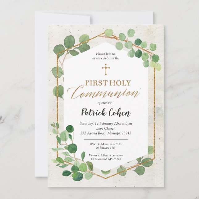 Invitación Geometric Greenery Eucalyptus First Holy Comunión (Anverso)
