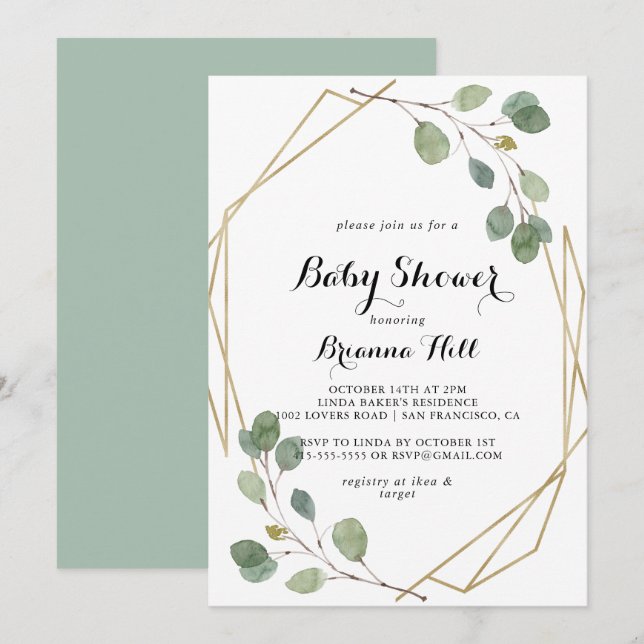 Invitación Geometric Greenery Eucalyptus Foliage Baby Shower (Anverso / Reverso)
