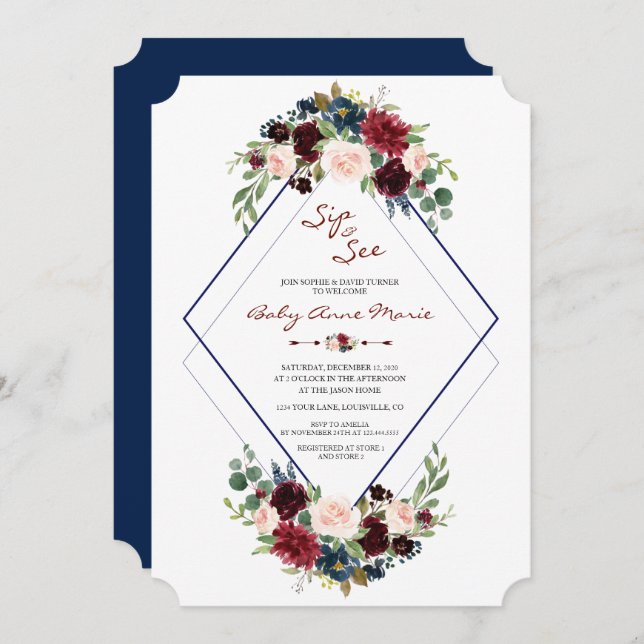 Invitación Geometric Merlot Navy Floral Sip & See Baby Shower (Anverso / Reverso)