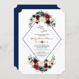 Invitación Geometric Merlot Navy Floral Sip & See Baby Shower