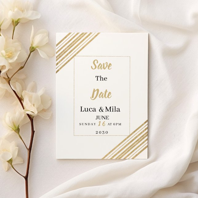 Invitación Geometric white and gold typography Save the Date (Geometric white and gold typography Save the Date)