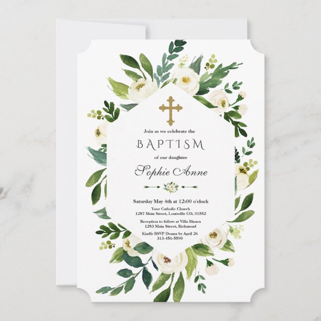 Invitación Geometric White Blooming Floral Peonies Baptism (Anverso)