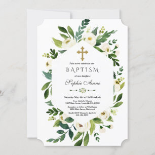 Invitación Geometric White Blooming Floral Peonies Baptism