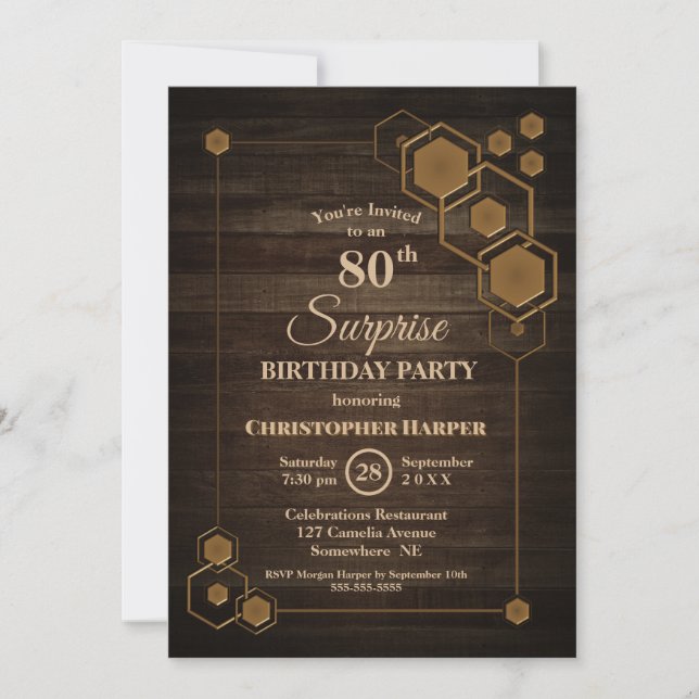 Invitación Geometric Wood Surprise 80th Birthday Party (Anverso)