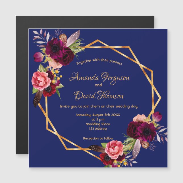 Invitación geométrica azul a la boda de Borgoña (Anverso/Reverso)