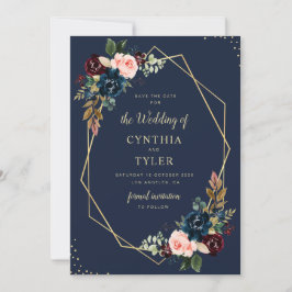Invitación geométrica burgundy & navy blue save date