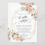 Invitación Geométrica de cumpleaños floral rosa marfil rosado<br><div class="desc">En esta invitación para el cumpleaños de moda se encuentra un marco geométrico de purpurina dorado adornado con hermosos melocotones de color agua, tonos rosas, marfil, flores y vegetación, así como una partida "el cumpleaños de" en estilo caligrafía a mano de bonito. Personalícelo con sus detalles de forma fácil y...</div>