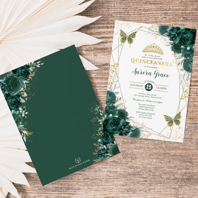 Invitación Geométrica de las mariposas Emerald Green Quinceañ (Subido por el creador)