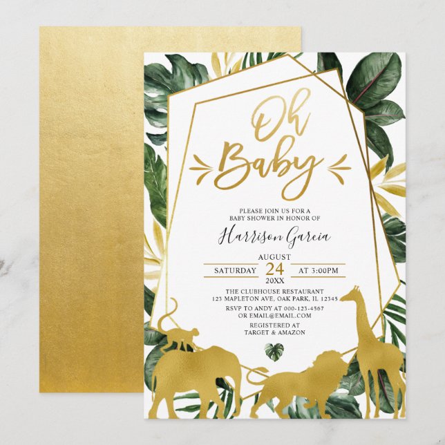 Invitación Geométrica de oro Oh Baby Jungle Animales Baby Sho (Anverso / Reverso)