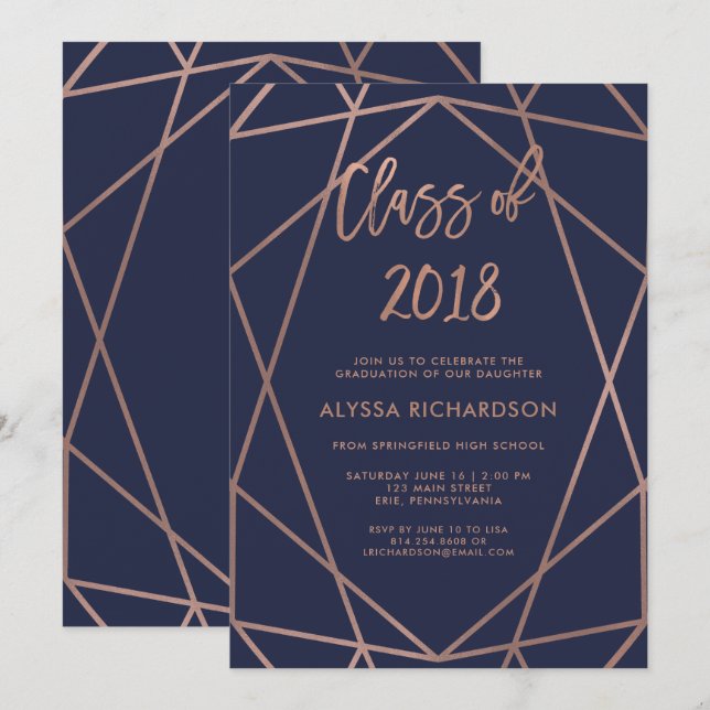Invitación Geométrica de oro Rosa en partido de graduación az (Anverso / Reverso)