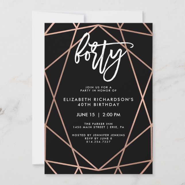 Invitación Geométrica de oro Rosa Faux | 40.º Fiesta de cumpl (Anverso)