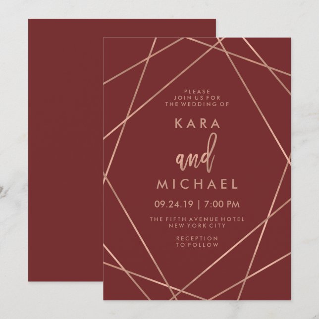 Invitación Geométrica de oro Rosa Faux | Boda de Borgoña (Anverso / Reverso)
