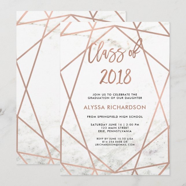 Invitación Geométrica de oro Rosa Faux | Partido de Graduació (Anverso / Reverso)