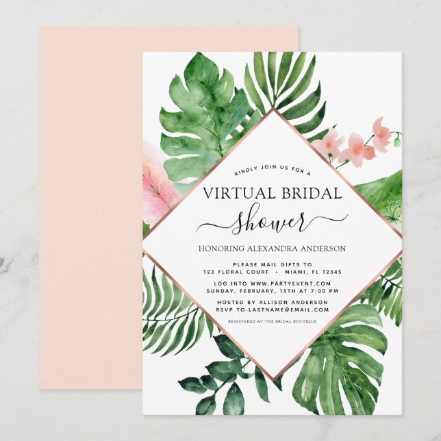 Invitación Geométrica de Palm Tropical Bridal Shower Virtual (Anverso / Reverso)