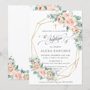 Invitación Geométrica del Bautismo de Verdor Floral Rubor Pea
