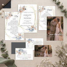 Invitación Geométrica Dorada Floral Beige Azul Pol