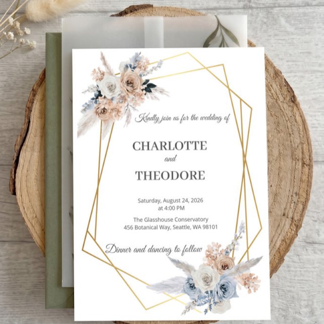 Invitación Geométrica Dorada Floral Beige Azul Pol (Subido por el creador)