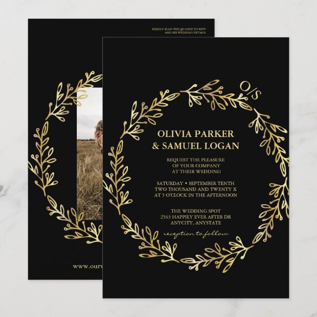 Invitación Geométrica floral, código QR, Boda fotográfico mon (Anverso / Reverso)