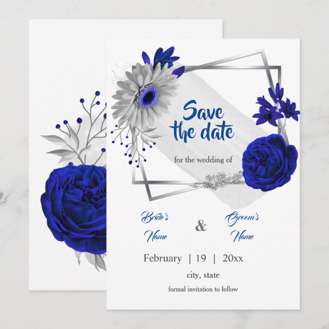 Invitación geométrica floral de plata azul real guardar la fe (Anverso / Reverso)