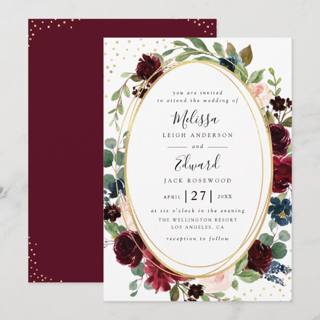 invitación geométrica floral del boda de Borgoña (Anverso / Reverso)