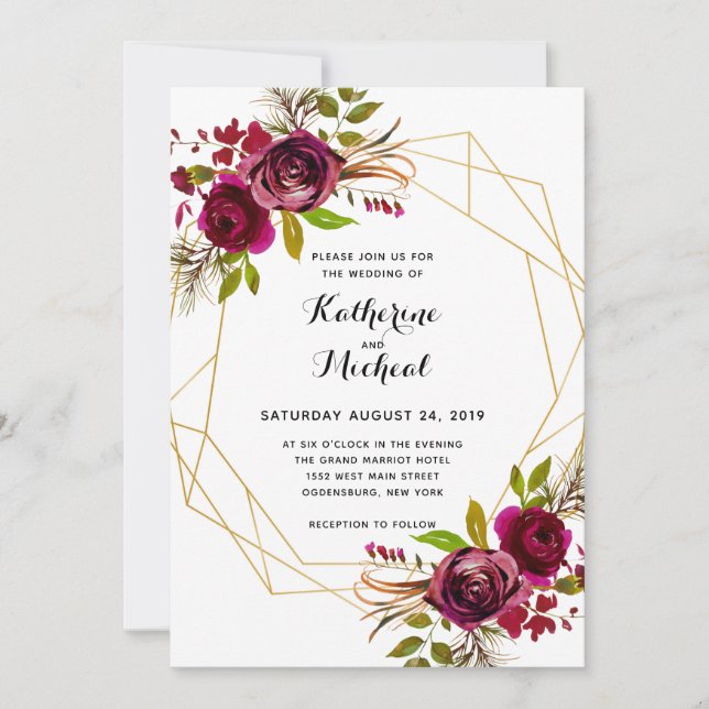 Invitación geométrica floral del boda de Borgoña (Anverso)