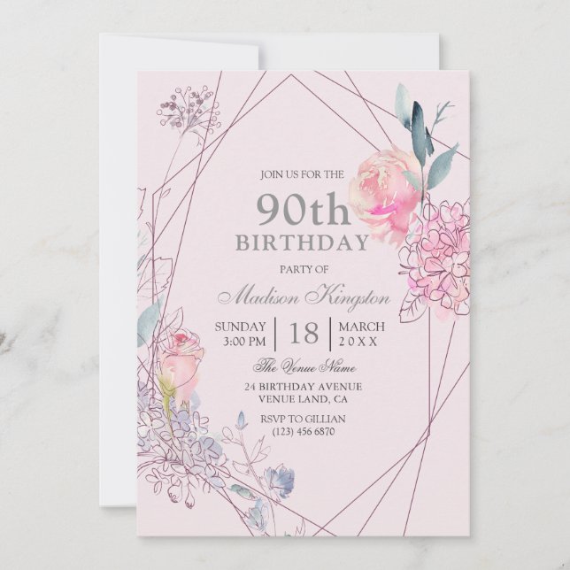 Invitación Geométrica floral gris y rosa 90ª fiesta de cumple (Anverso)