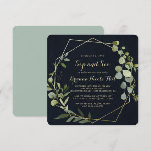 Invitación Geométrica Gold Blue Green Calligraphy Sip y See