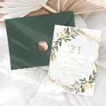 Invitación Geométrica Gold Greenery Fall 21ª Fiesta de cumple<br><div class="desc">Esta invitación geométrica a la fiesta de cumpleaños número 21 es perfecta para un evento moderno. El diseño presenta un bonito marco geométrico dorado con elegantes hojas verdes.</div>