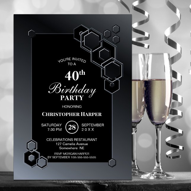 Invitación Geométrica gris negro 40 Fiesta de cumpleaños (Subido por el creador)