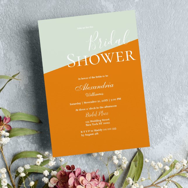 Invitación Geométrica moderna naranja menta verde ducha de no (Geometric modern orange mint green Bridal Shower Invitation )