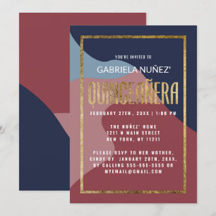 Invitación Geométrica Quinceañera Azul Azul Oro