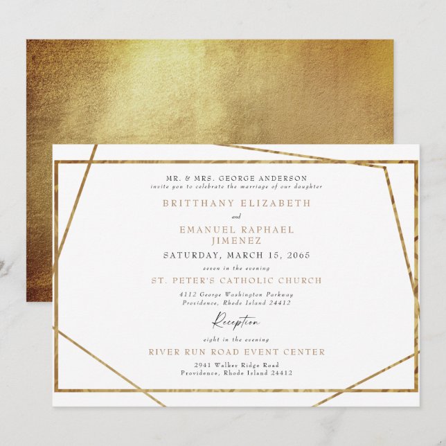 Invitación geométrica simple de blanco y dorado me (Anverso / Reverso)