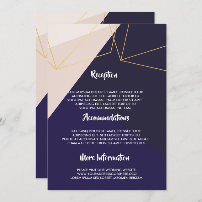 Invitación Geométrico azul marino blanco rosa y oro (Anverso / Reverso)